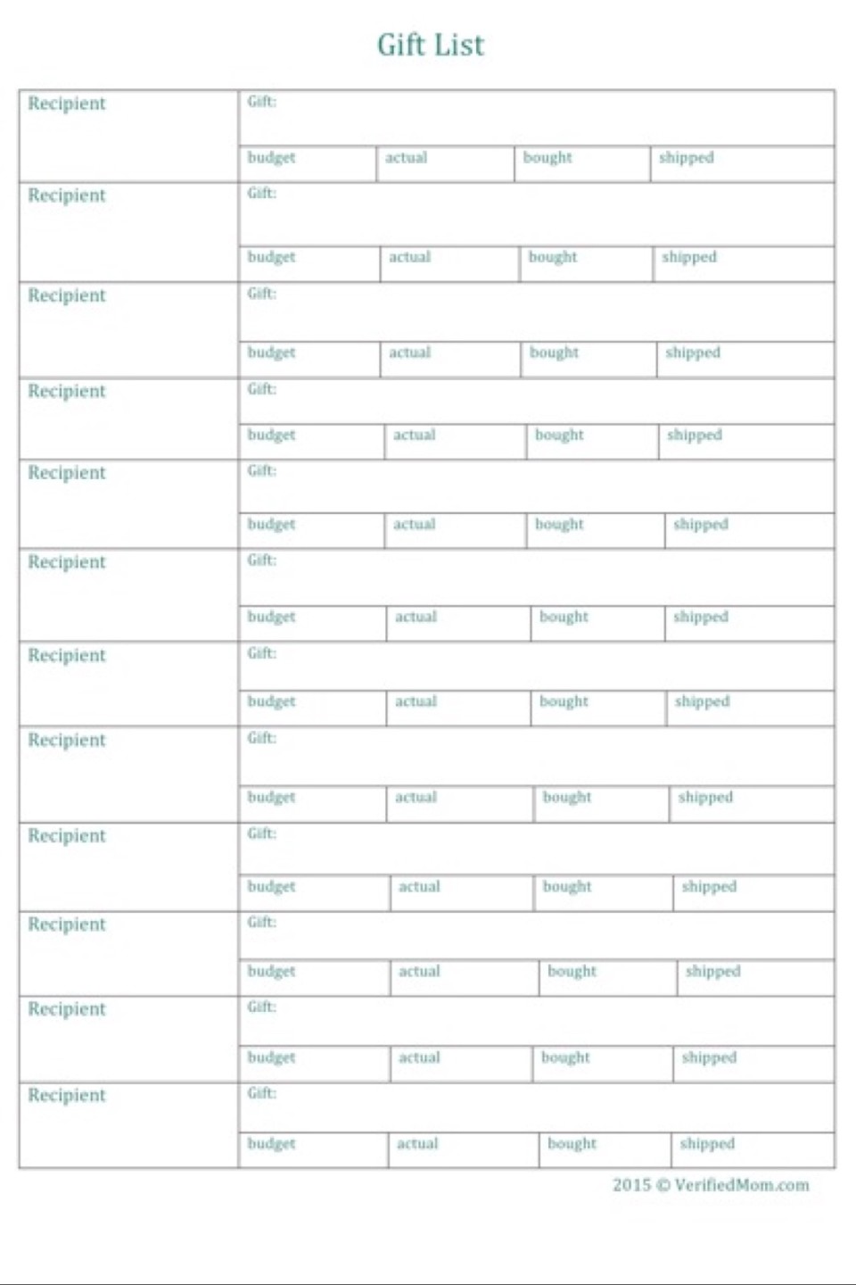 Gift List Printable